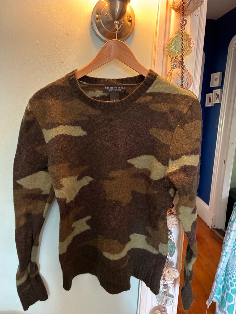 The Men's Store Camo Crewneck Sweater in Brown and Olive merino wool.